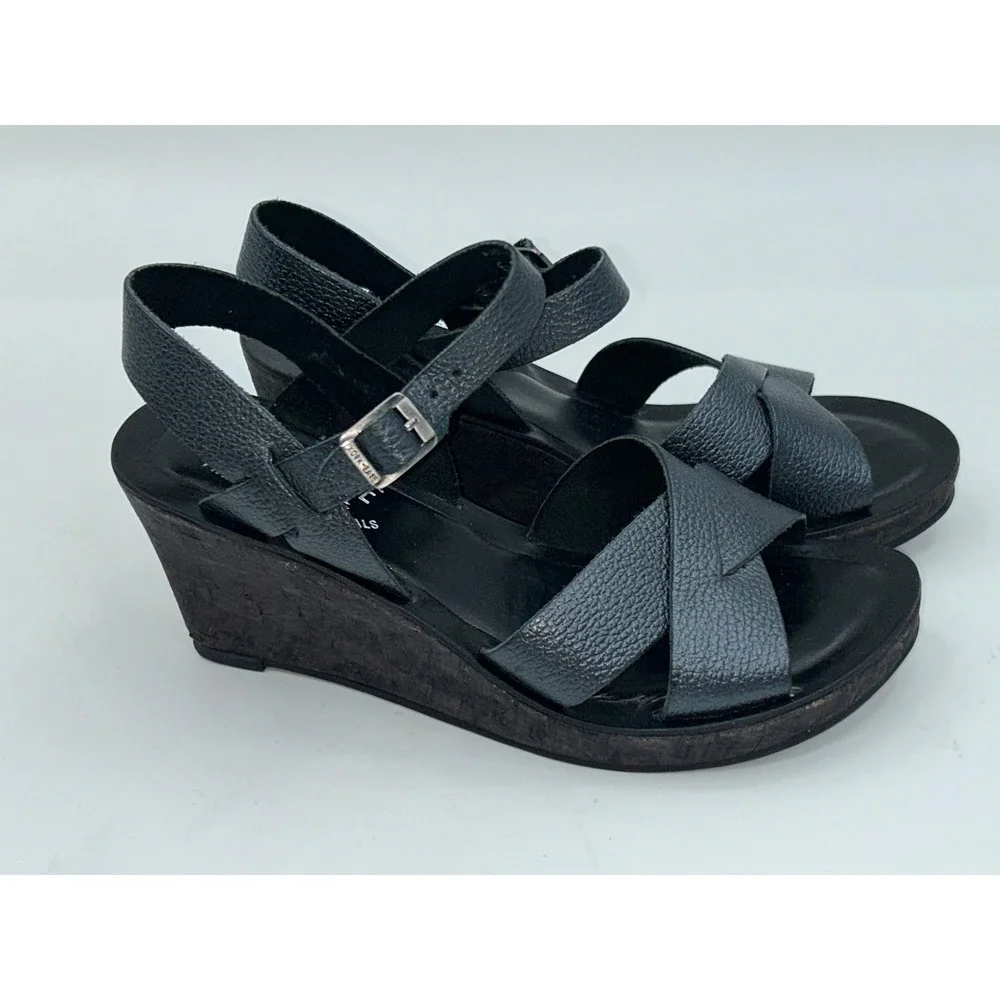 Kork-Ease Black Leather Wedge Sandals Size 6 Adjustable Ankle Strap made Brazil